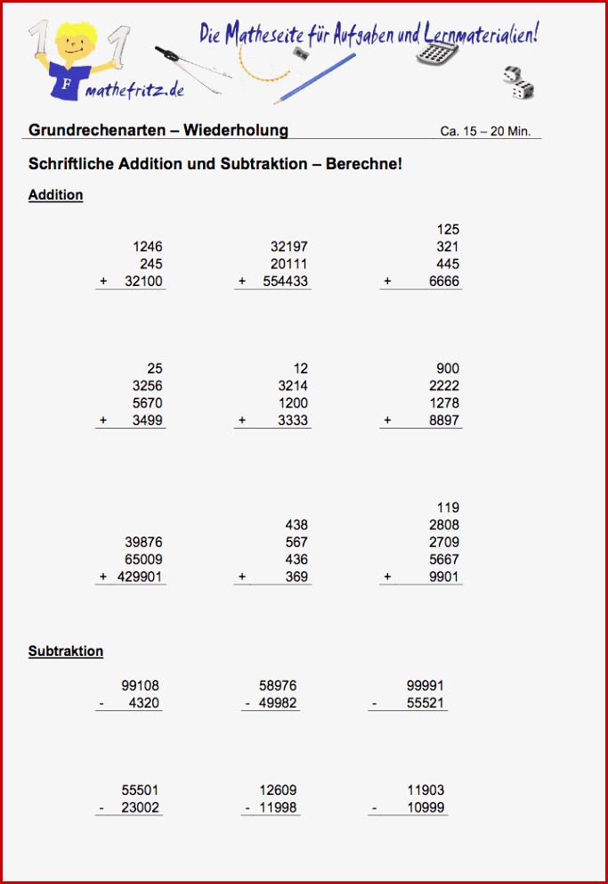 Schriftliche Addition Subtraktion Klasse 5