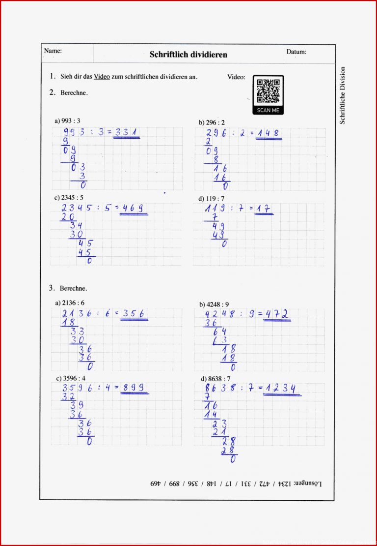 Schriftliche Division 3 Aufgabenblätter Lösungen