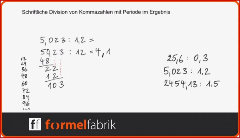 Schriftliche Division von Dezimalzahlen (Kommazahlen) â Beispielaufgaben mit Periode im Ergebnis