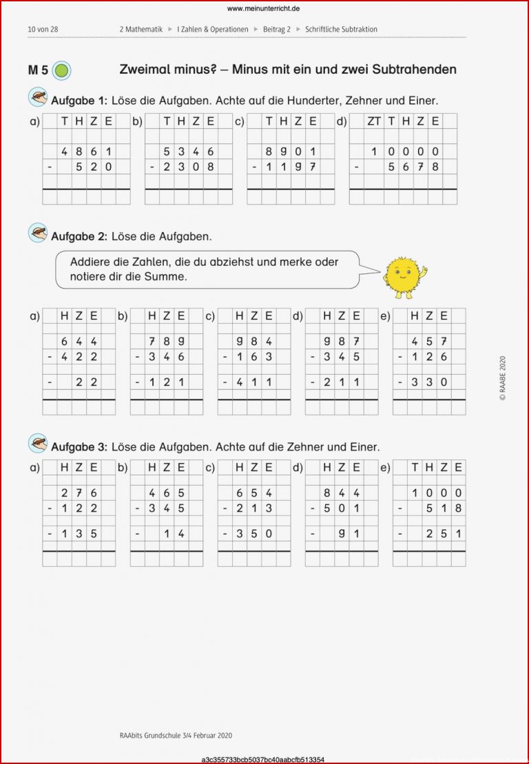 Schriftliche Subtraktion Arbeitsblätter 5 Klasse Worksheets