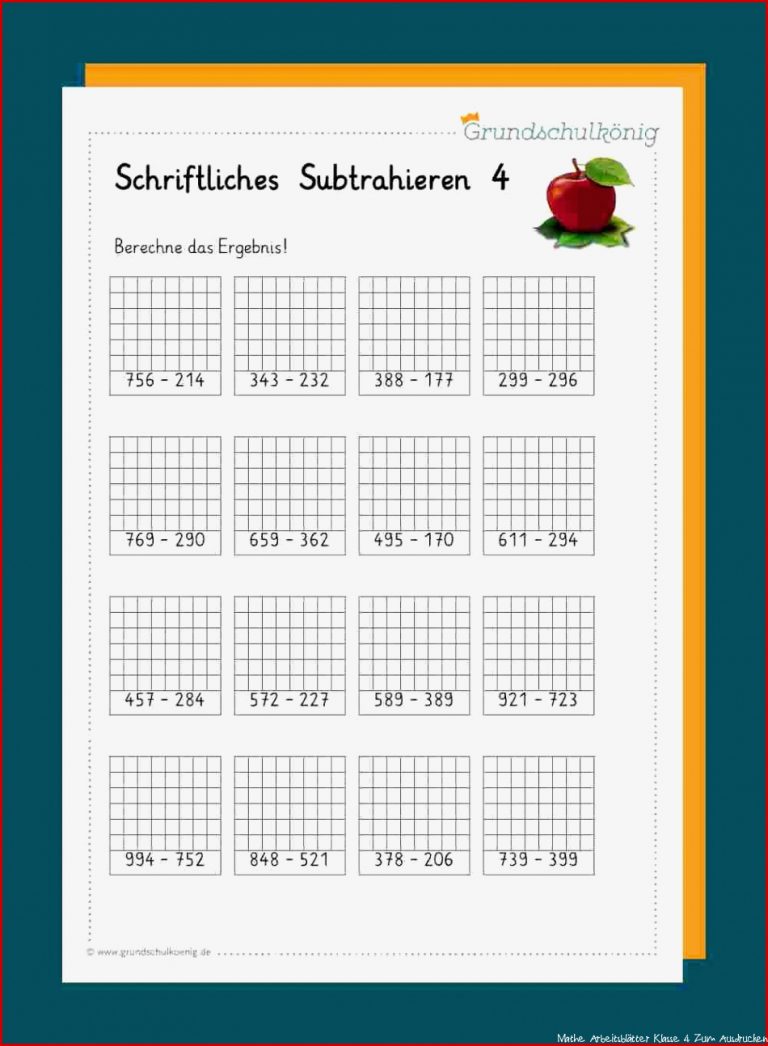 Schriftliche Subtraktion Mathe Arbeitsblätter Klasse 4 Zum