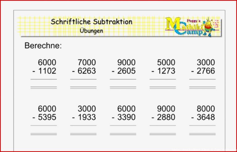 Schriftliche Subtraktion Mathe Arbeitsblätter Klasse 4 Zum