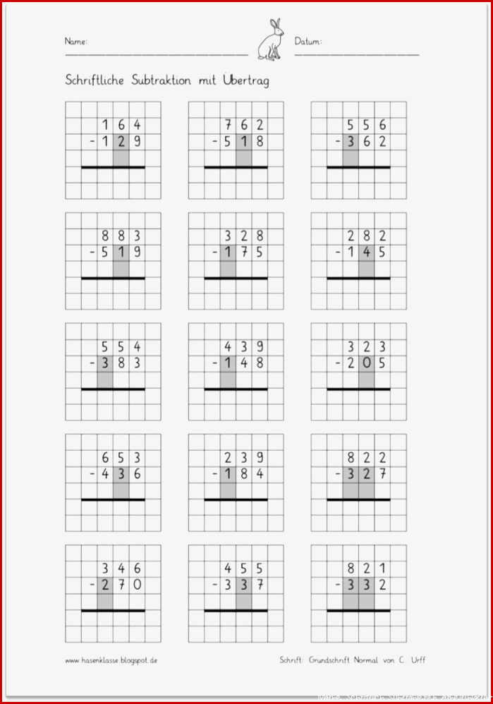 Schriftliche Subtraktion mit Übertrag