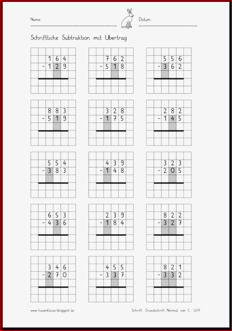 Schriftliche Subtraktion Mit Übertrag Hasenklasse