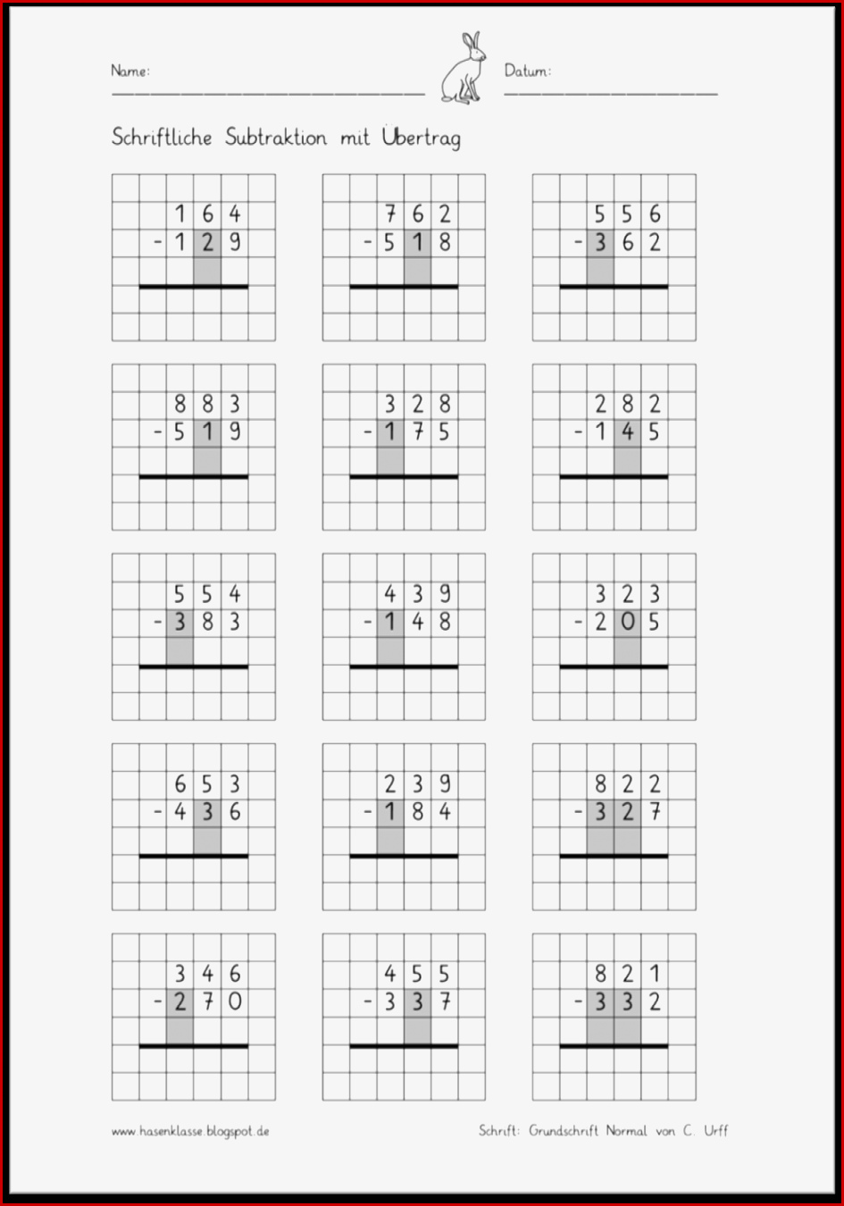 Schriftliche Subtraktion Mit Übertrag Hasenklasse