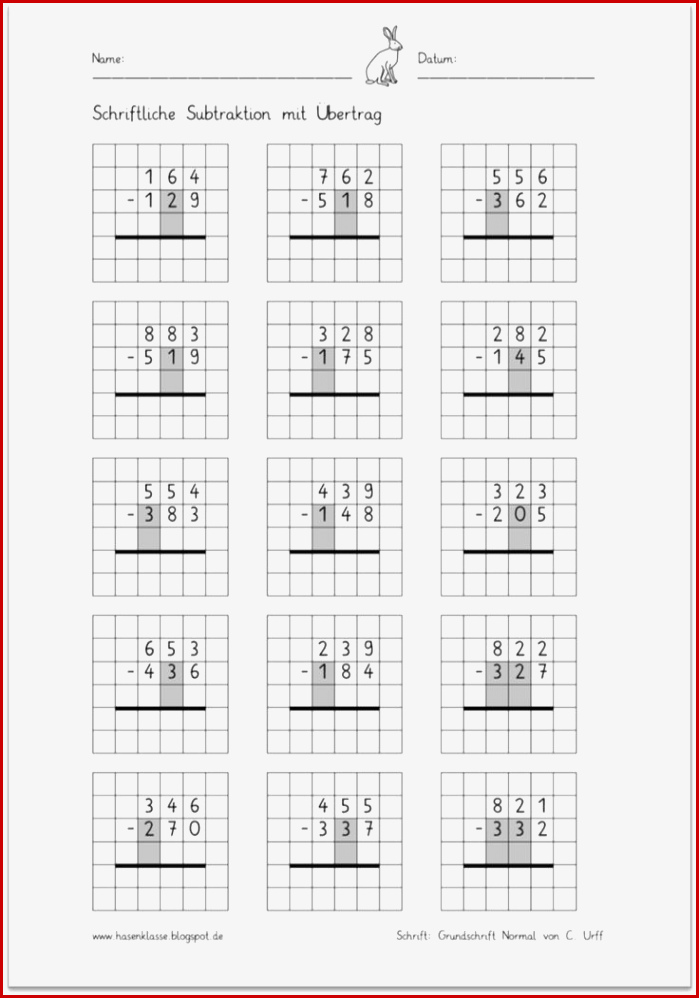 Schriftliche Subtraktion Mit Übertrag