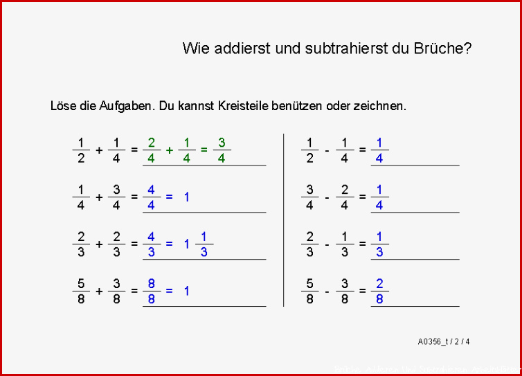 Schrittweise Addition verwandte Brüche Addition und