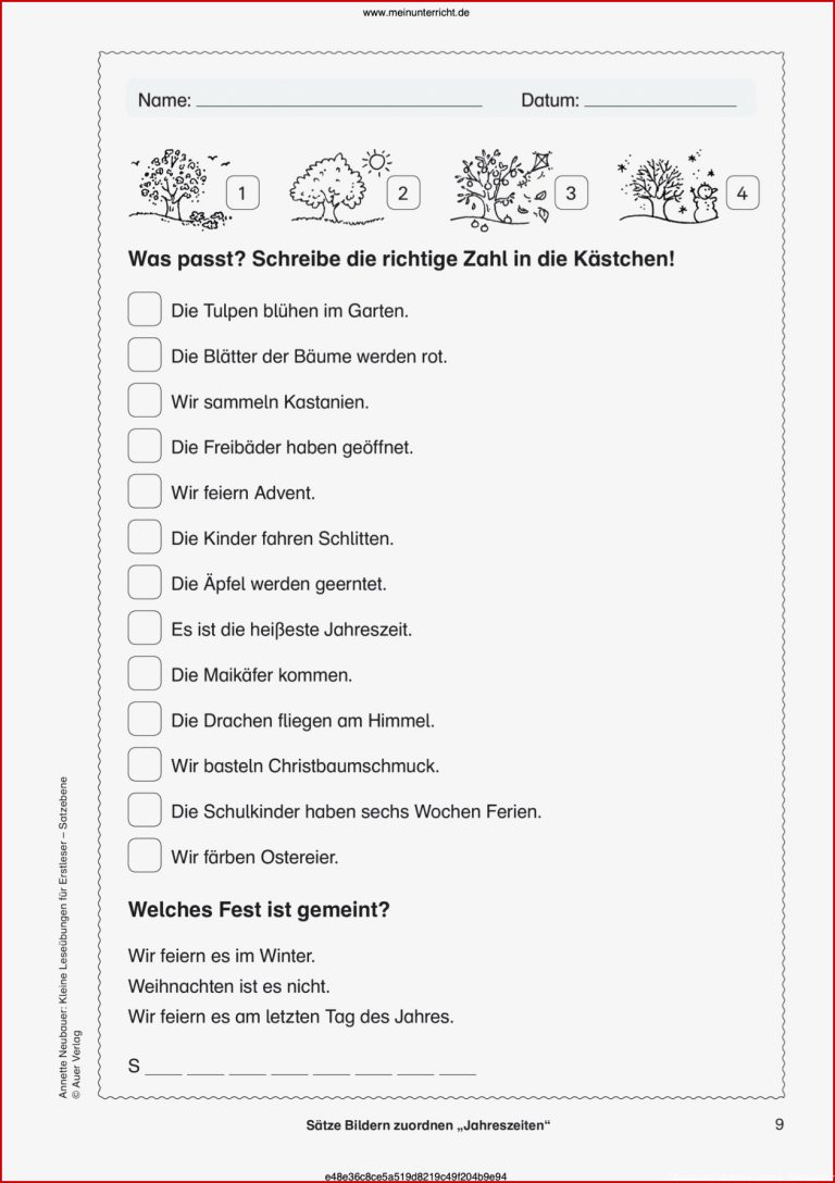 Schule arbeitsblätter Sätze Bildern zuordnen Jahreszeiten