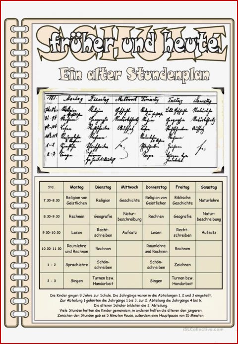 Schule Früher 5 Ein Alter Stundenplan Arbeitsblatt