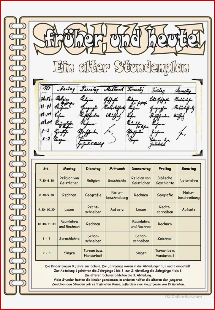 Schule Früher 5 Ein Alter Stundenplan Arbeitsblatt