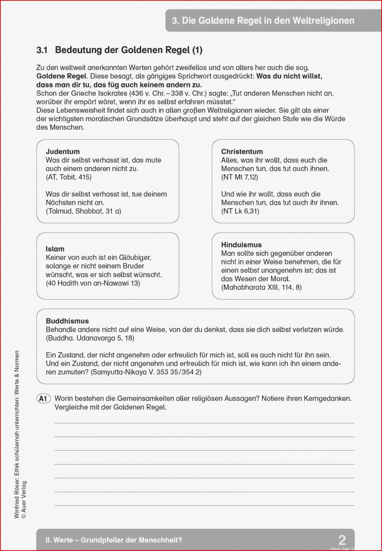 Sekundarstufe I Unterrichtsmaterial Ethik Goldene Regel in