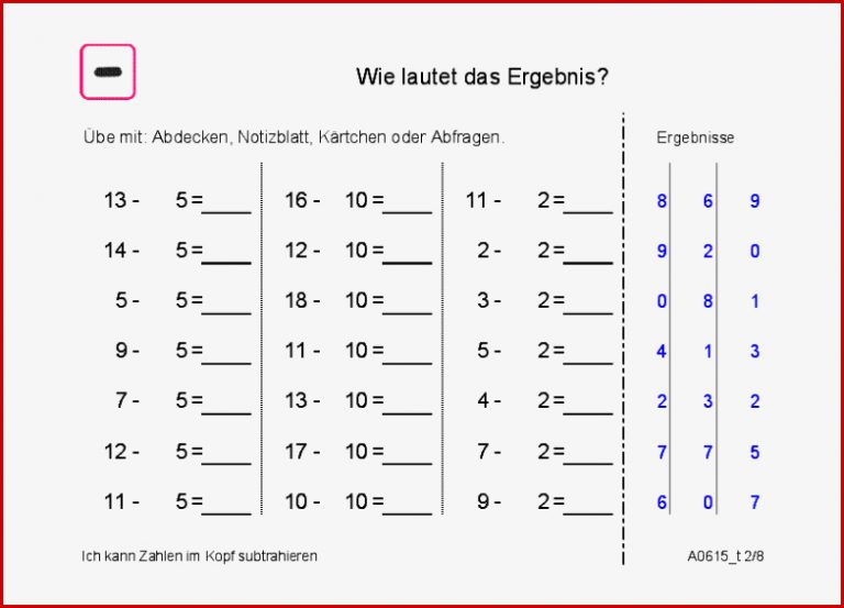 Sichere Subtraktion 2 5 Und 10 Von Zahlen Bis 20 Subtraktion