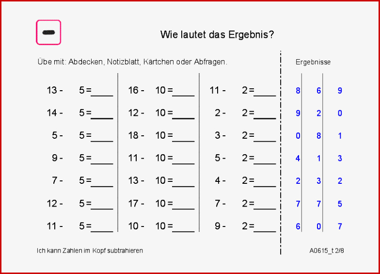 Sichere Subtraktion 2 5 Und 10 Von Zahlen Bis 20 Subtraktion