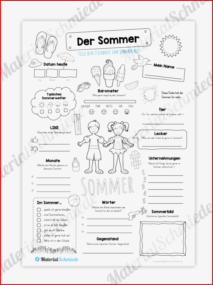 Steckbrief Arbeitsblatt Steckbrief sommer