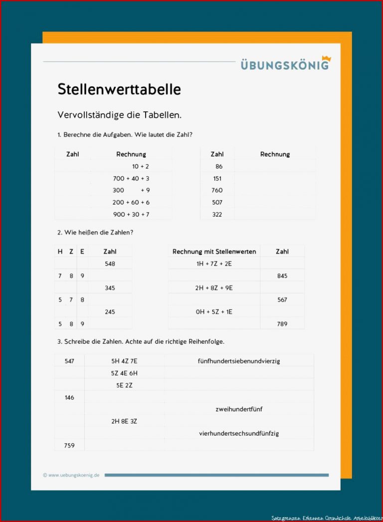 Stellenwerttabelle Im Zahlenraum 1000