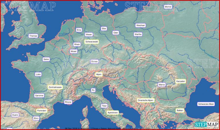 StepMap Flüsse und Gebirge in Europa Landkarte für Europa