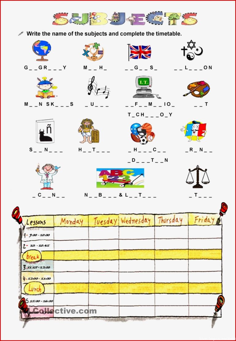 Subjects at School and Timetables