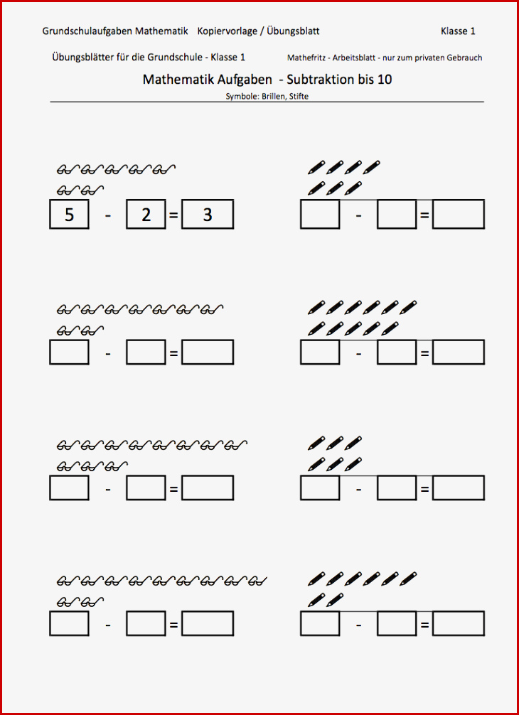 Subtraktion Bis 10 Mit Symbolen