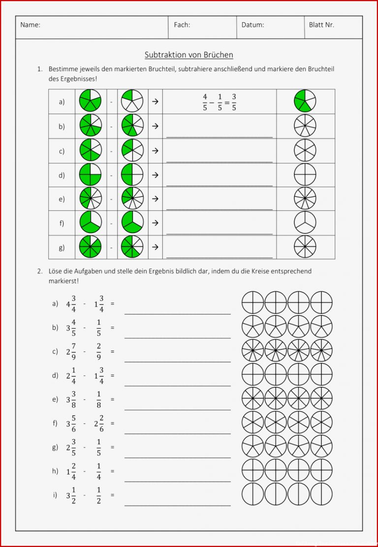 Subtraktion Von Brüchen Arbeitsblätter Lösung