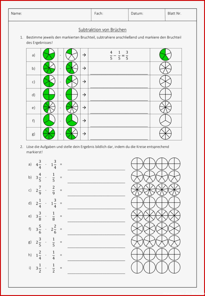 Subtraktion von Brüchen Arbeitsblätter Lösung