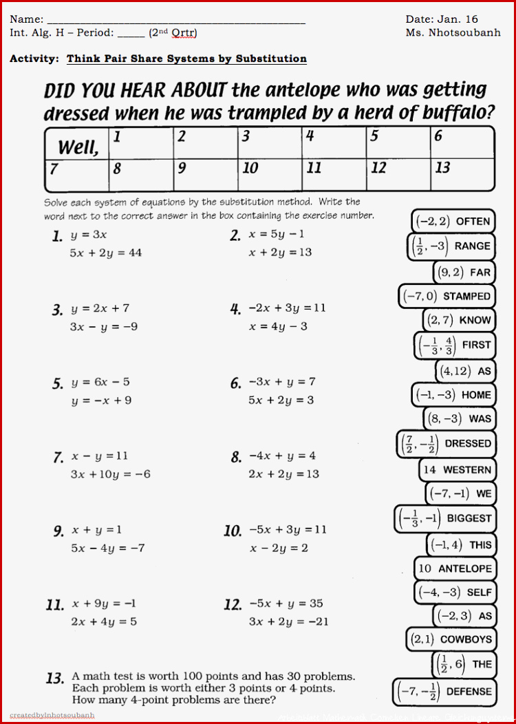 Systems Equations Substitution Worksheet
