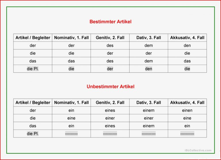 Tabelle Der Artikel Auf Deutsch Arbeitsblatt Kostenlose