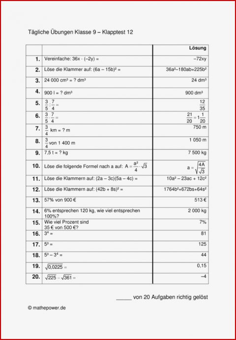 Tägliche Übungen Klasse 9 Klapptests 11 20