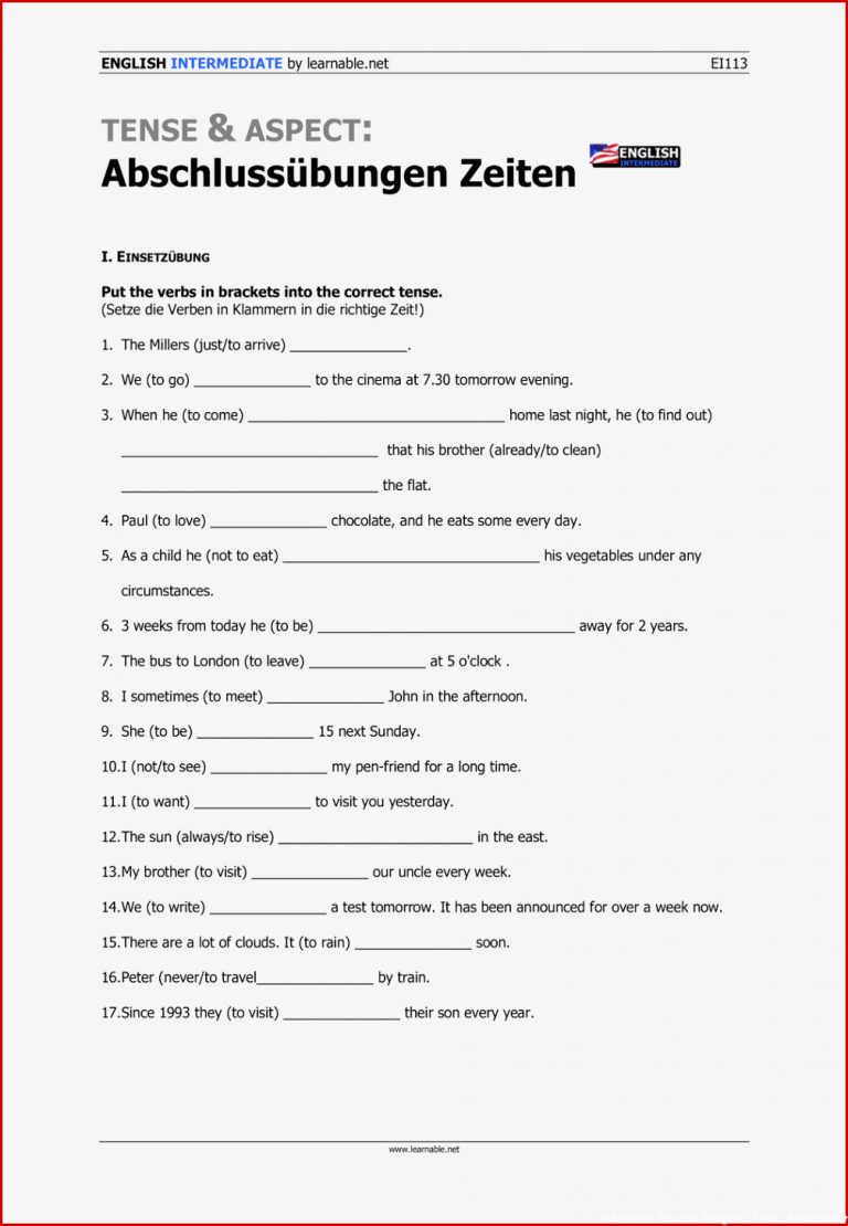 Tenses Abschlussübung Intermediate Level