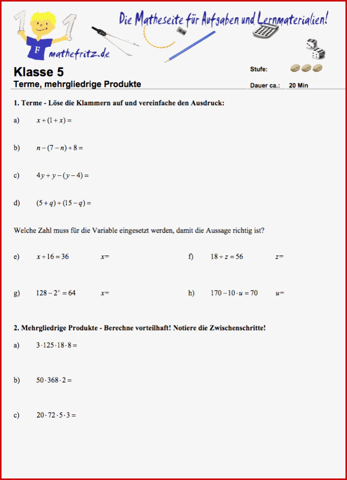 Terme Arbeitsblatt In Klasse 5 Matheaufgaben Klasse 5 Terme