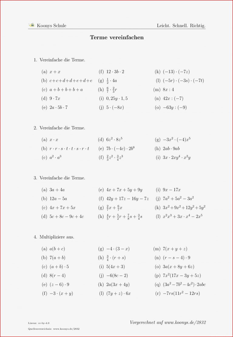 Terme Vereinfachen Arbeitsblatt 2832