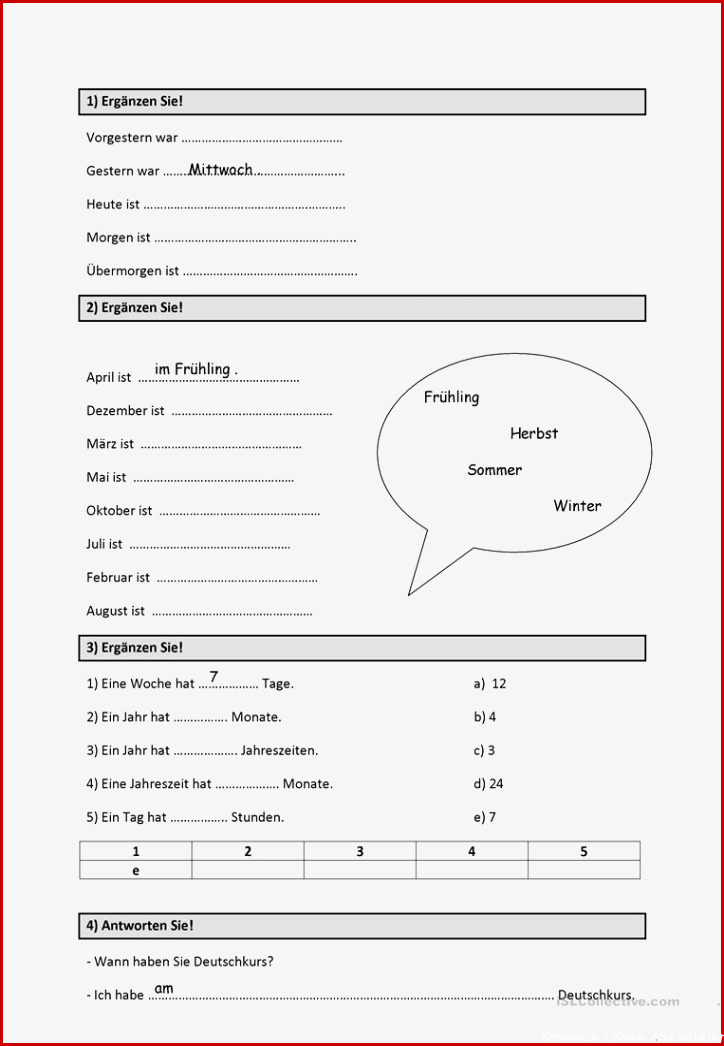 Test Wochentage Monate Jahreszeiten Arbeitsblatt