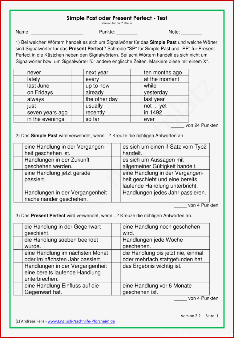 Test zum Unterschied von Simple Past und Present Perfect