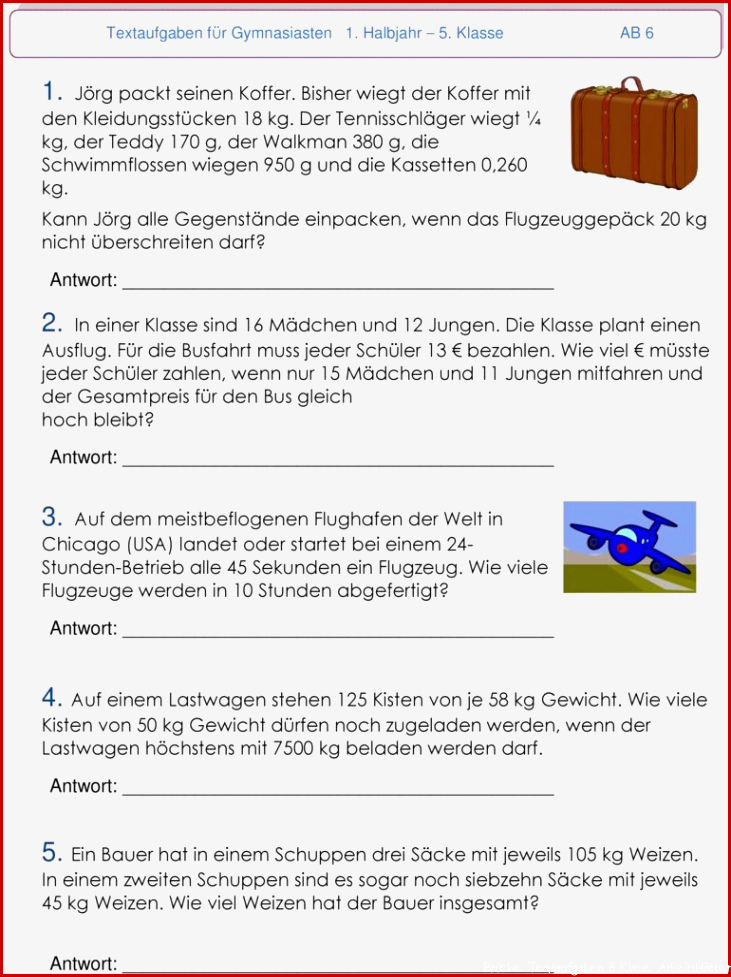 Textaufgaben 6 Klasse Arbeitsblätter Mit Lösungen Worksheets