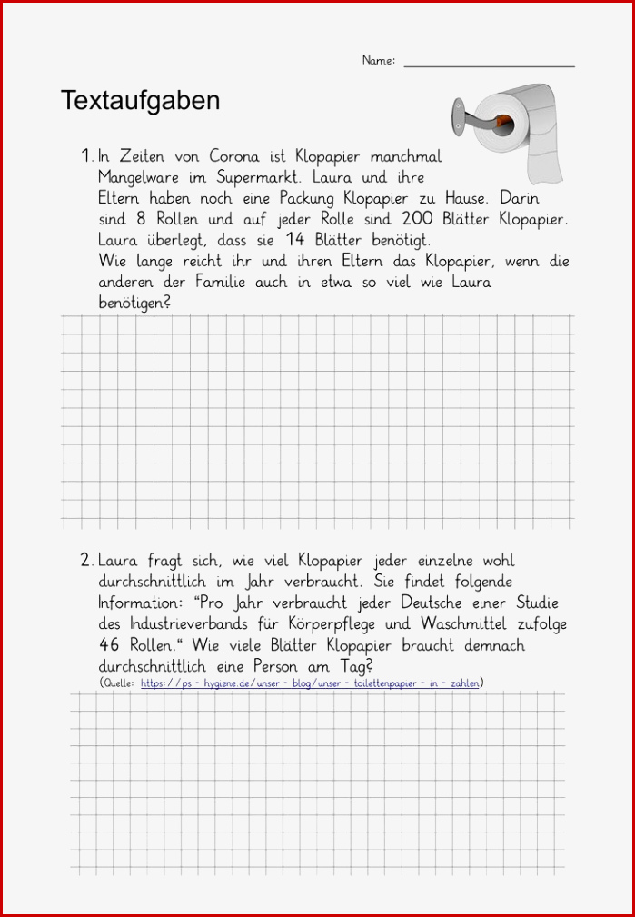 Textaufgaben Klasse 4 Und 5 Zu Klopapier Mit Lösungsblatt