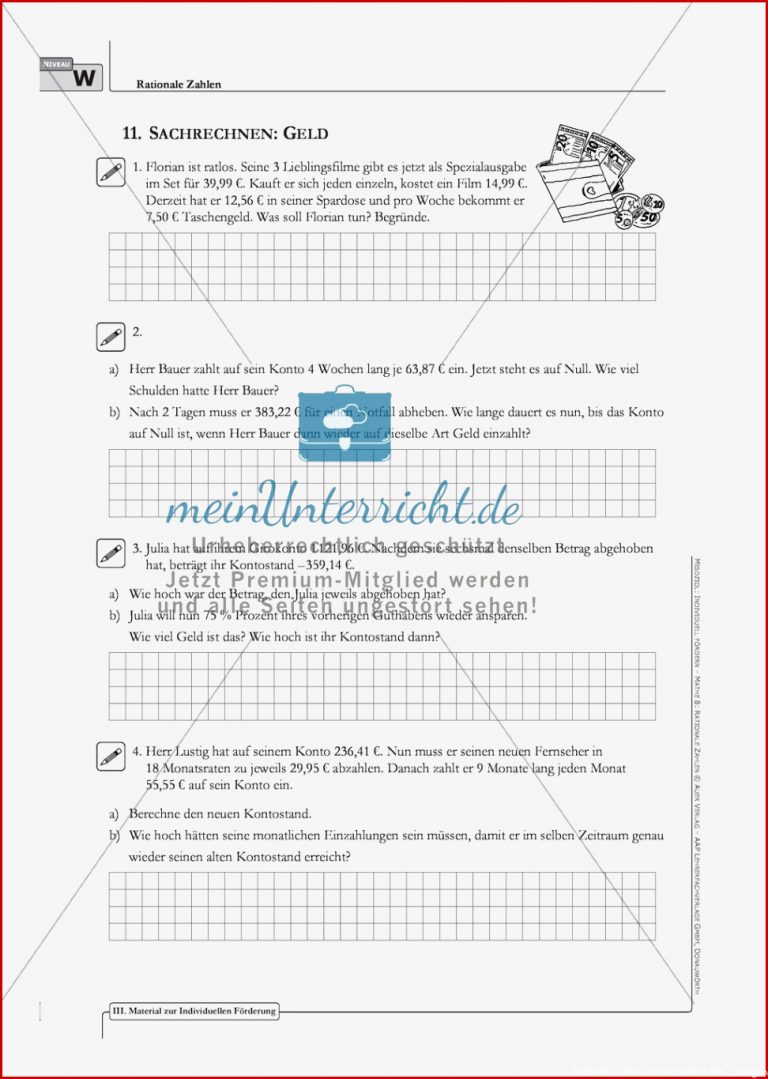 Textaufgaben Zu Rationalen Zahlen Aus Den Bereichen Geld