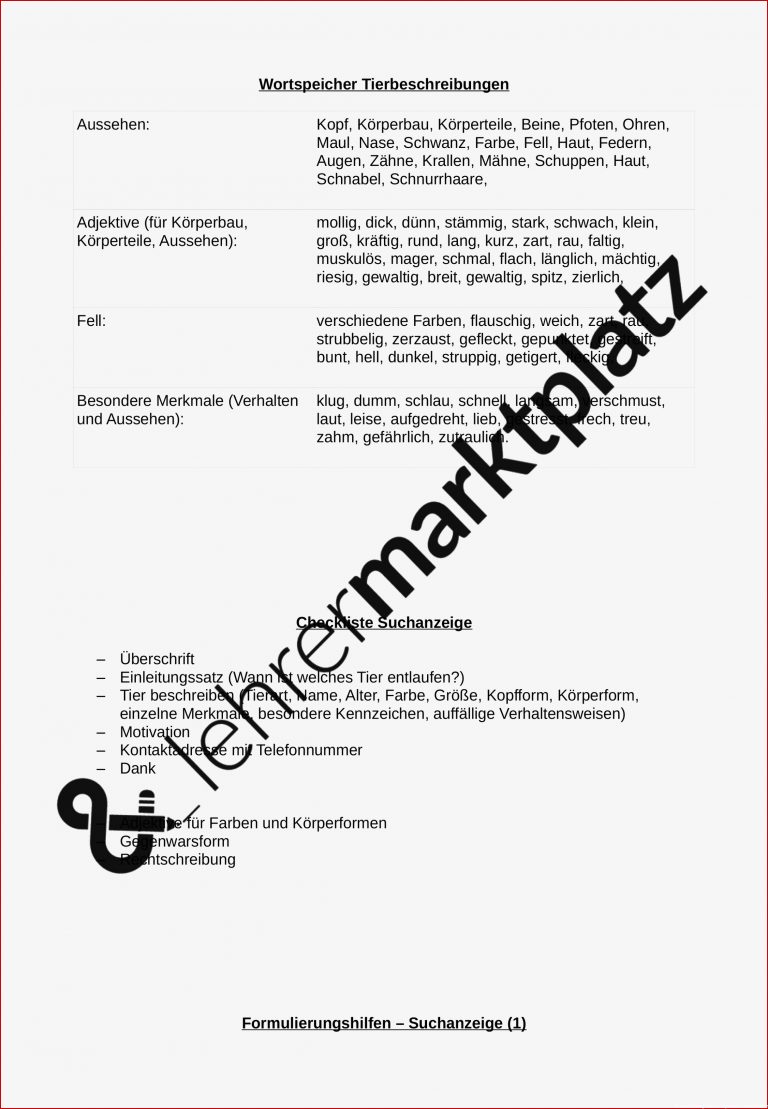 Tierbeschreibung Klasse 5 Arbeitsblätter Worksheets