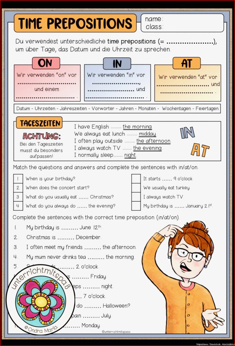 Time Prepositions Arbeitsblatt Merkblatt Und