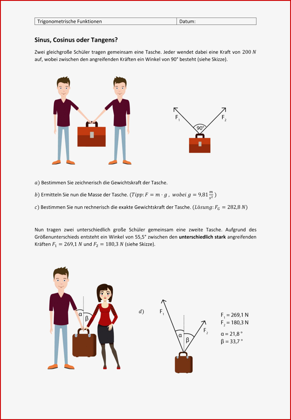 Tolles Arbeitsblatt Kräfte Sinus Cosinus