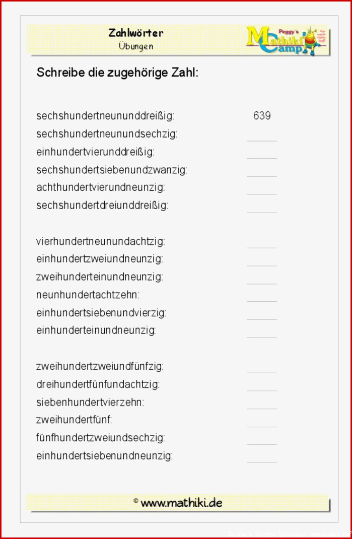 übungen Zahlen In Worten Schreiben Arbeitsblatt Stephen