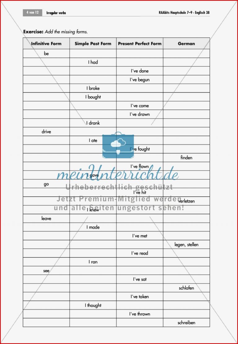 Übungen Zu Unregelmäßigen Verben Arbeitsblätter