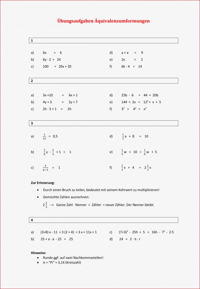 Übungsaufgaben Äquivalenzumformungen – Unterrichtsmaterial