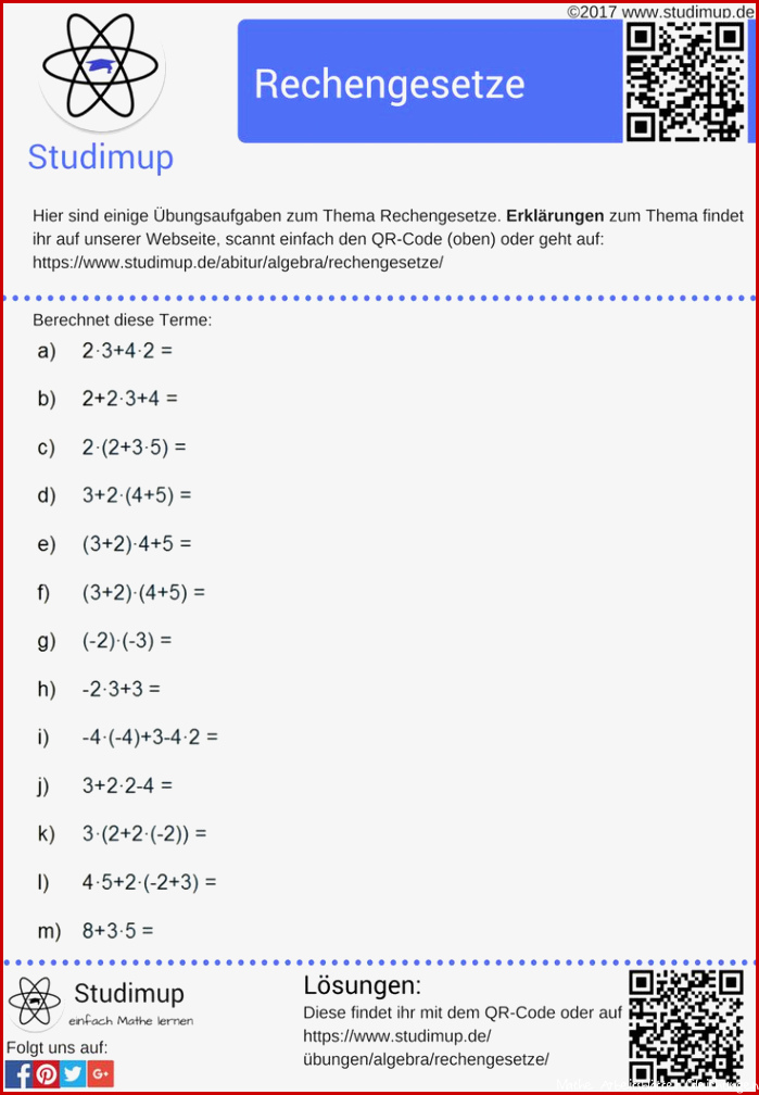 Übungsaufgaben zu den Rechengesetzen also Punkt vor