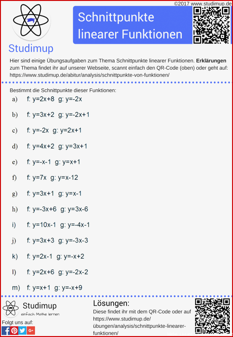 Übungsaufgaben zu den Schnittpunkten linearer Funktionen