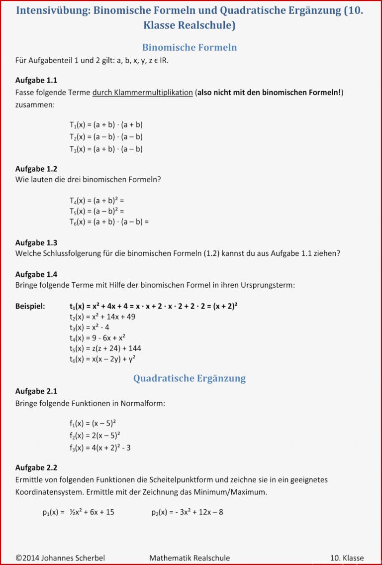 Übungsblätter Realschule Binomische formeln Und