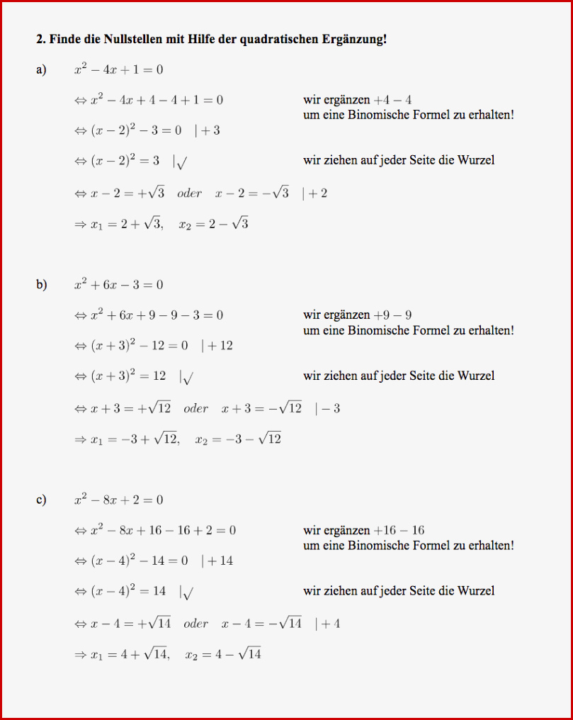 Übungsblatt Quadratische Gleichungen Lösen Ausführliche