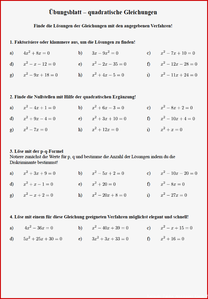 Übungsblatt quadratische Gleichungen lösen ausführliche