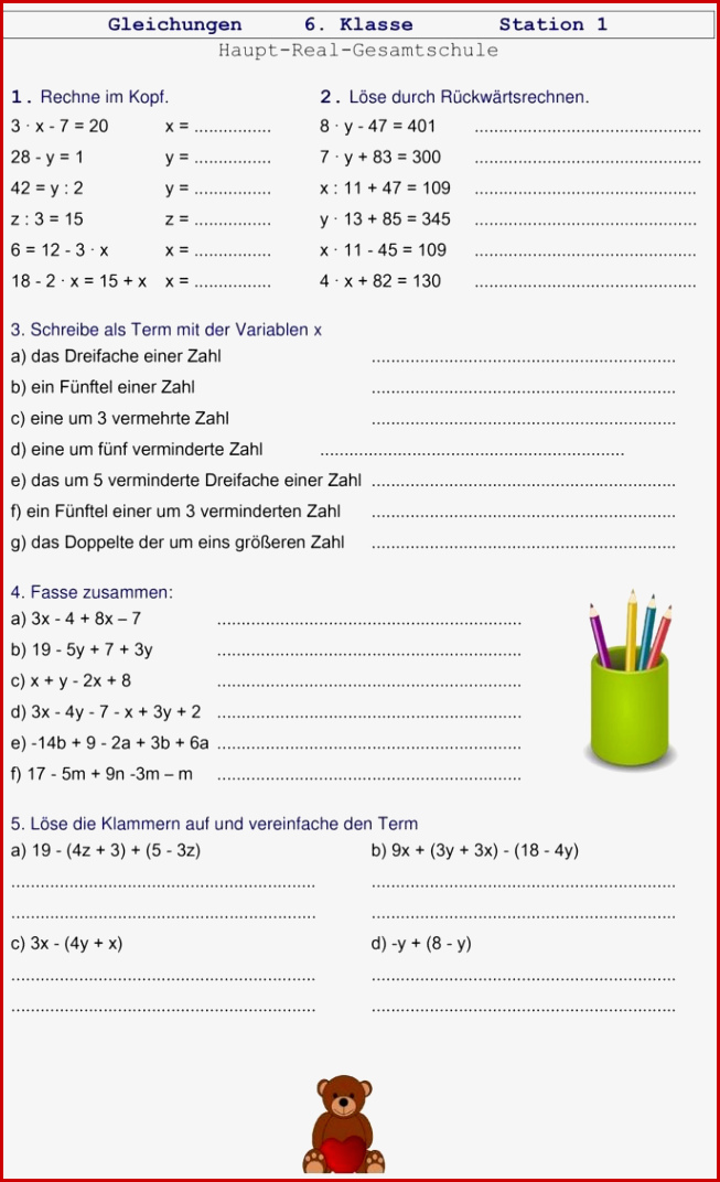 Übungsblatt Zu Gleichungen [6 Klasse]