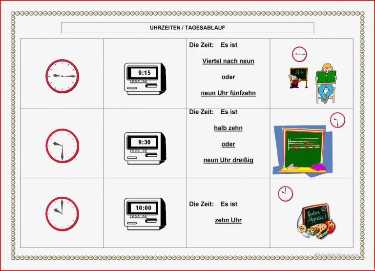 UHRZEITEN TAGESABLAUF Arbeitsblatt Kostenlose DAF