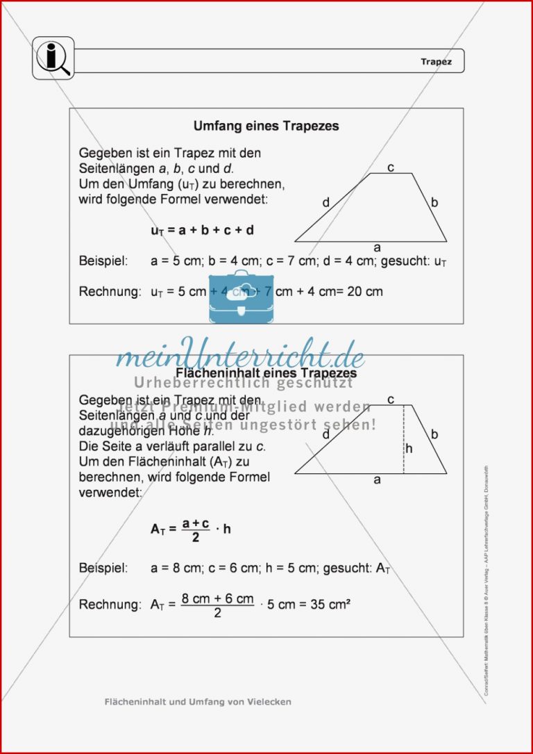 Umfang Und Flächeninhalt Eines Trapez Meinunterricht