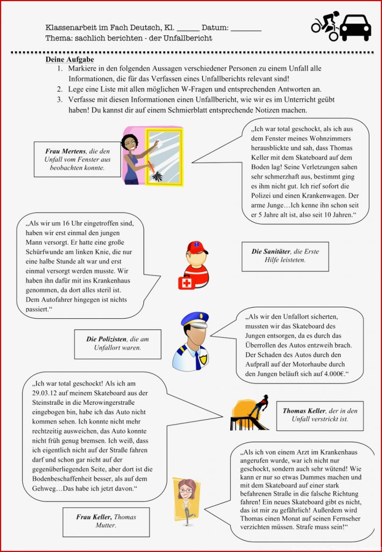 Unfallbericht Bericht Schreiben Klasse 6 Arbeitsblätter